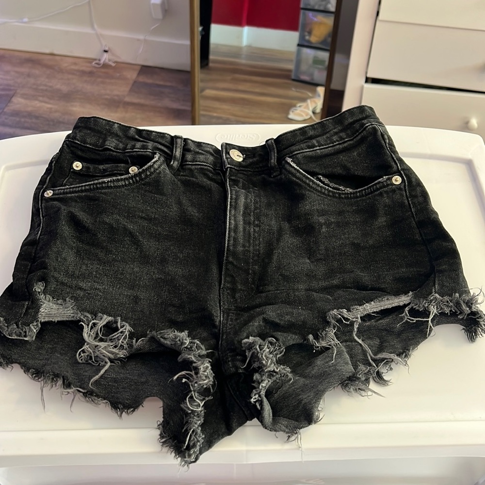 Zara Black High-Rise Distressed Jean Shorts